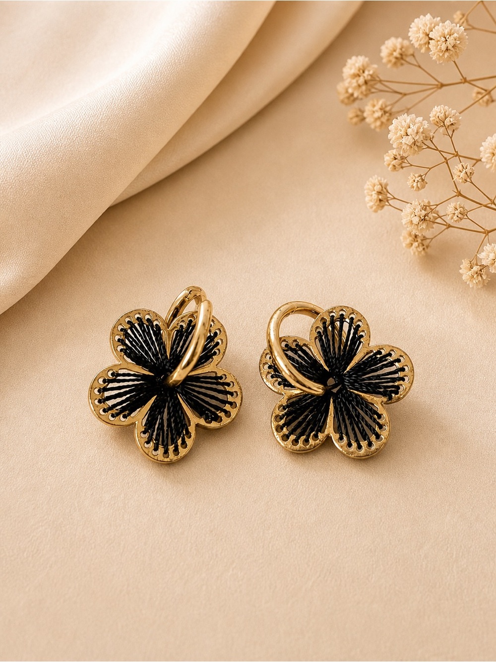 Gold and Black Flower Drop Earrings - Women Jewelry